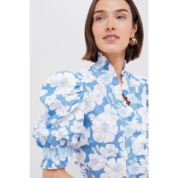 ENGLISH FACTORY Blue Floral Ruffle Neck Aria Blouse Size S NWT - Picture 5 of 8